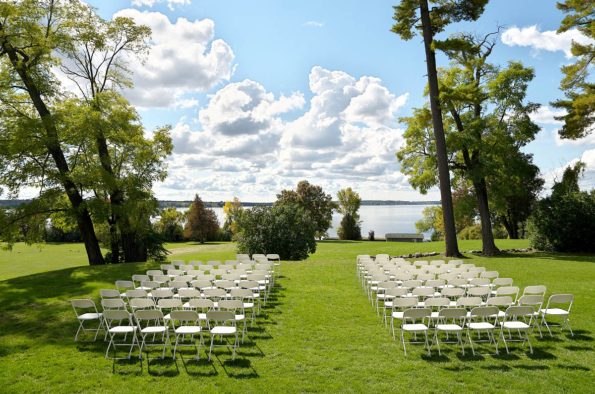 Wedding ceremony chairs lined up in front of the historic Dunsford House at Eganridge Resort in Fenelon Falls near Bobcaygeon
