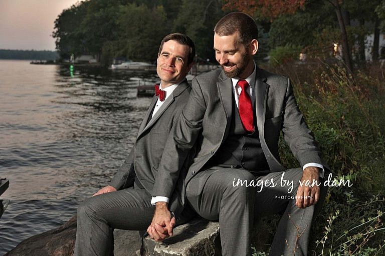 Portraits of two handsome grooms at their Beachwood Resort wedding photography session