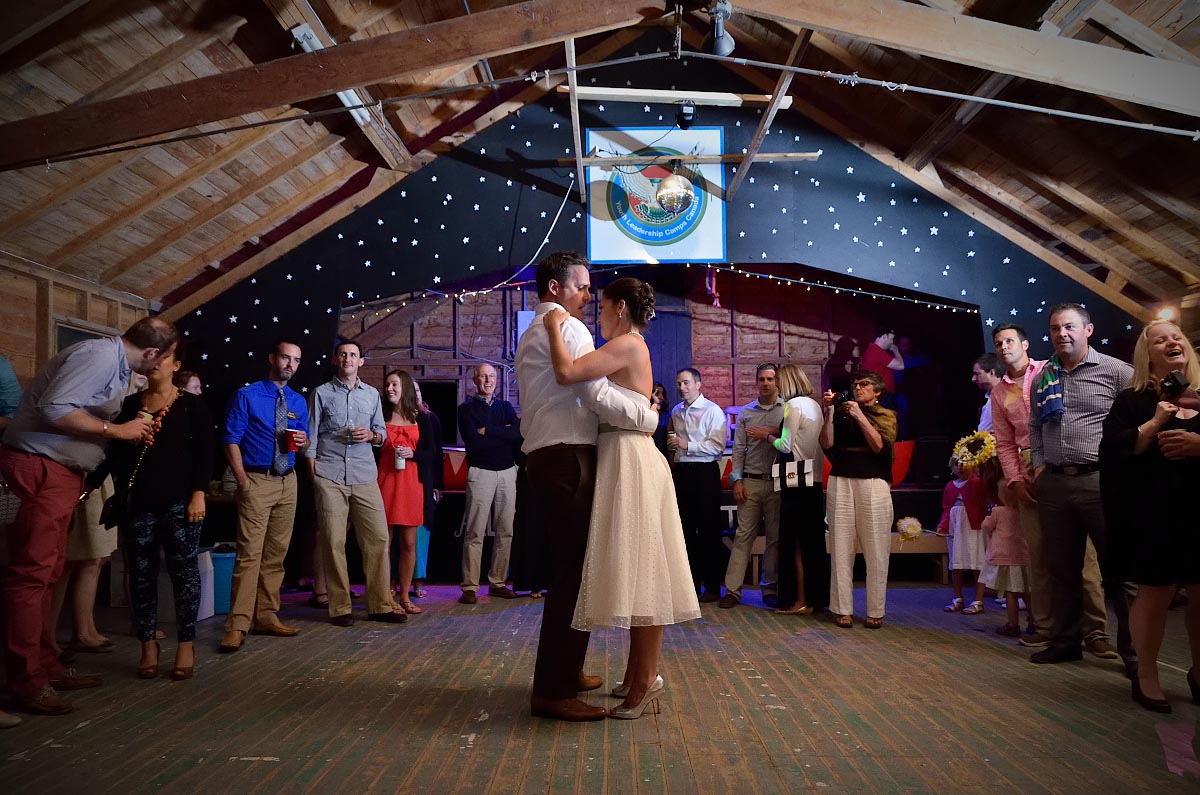 bride and groom dance at summer camp wedding at Youth Leadship Camp of Canada in Orillia