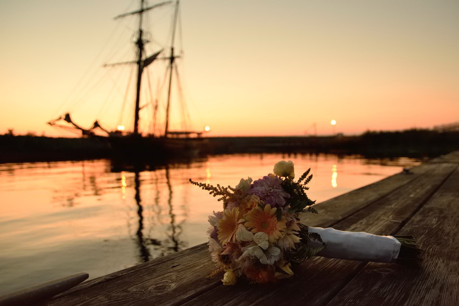 Wedding bouquet with tall ship at Discovery Harbour Wedding in Penetanguishene, Ontario