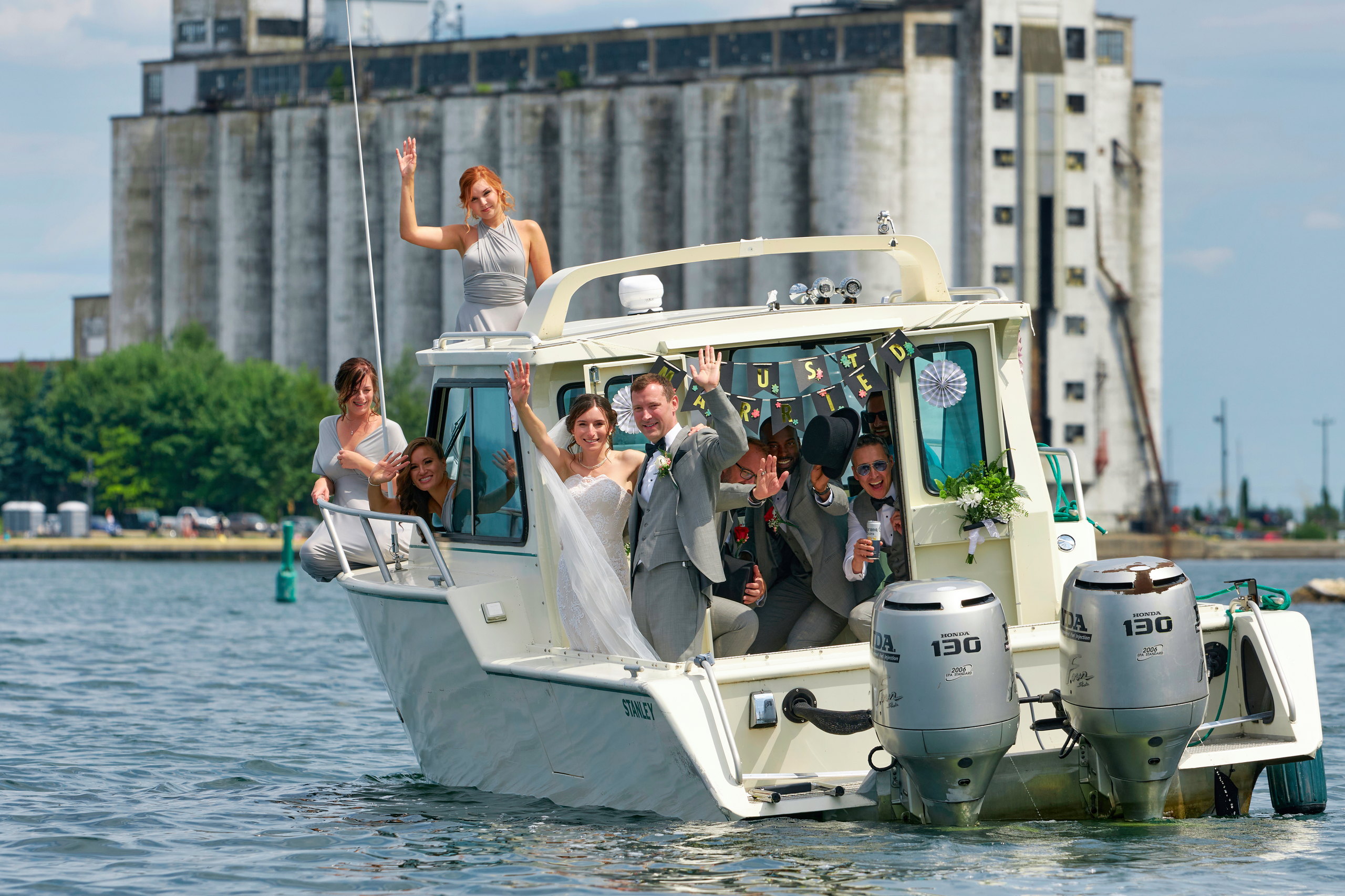 Wedding Party from Bear Estate in Collingwood Takes Motorboat into Harbour